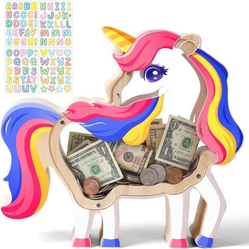 Wooden Dragon Piggy Bank for Kids, Unbreakable Toddler Piggy Bank with Sticker, Large Initial Boys Bank Money Jar, Easter Birthday Gifts for Kids, Educational Dragon Toys for Girls Boys in Kuwait