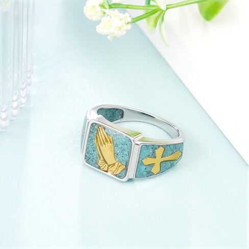Praying Hands Rings 925 Sterling Silver Serenity Prayer Turquoise Ring Christian Rings for Men Christian Jewelry Gifts for Men in Saudi Arabia