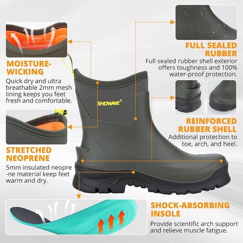 Showave Men's Short Rubber Rain Boots Waterproof Mud Booties for Outdoor Working Insulation Garden Farm Boot Lightweight Slip-on Rain Footwear in Saudi Arabia