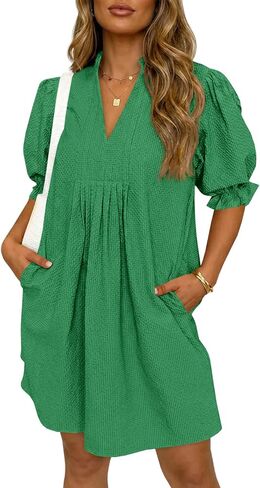 Wenrine Womens Summer Puff Short Sleeve Mini Dress Textured V Neck Casual Loose Ruffle Babydoll Dresses with Pockets in Saudi Arabia
