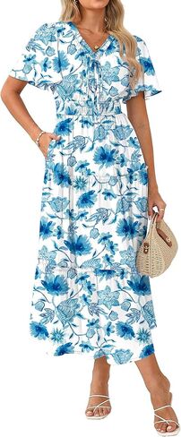 GRACE KARIN Womens Summer Floral Maxi Dresses 2026 Short Sleeve Casual Dress Flowy Beach Vacation Sundress with Pockets in Saudi Arabia