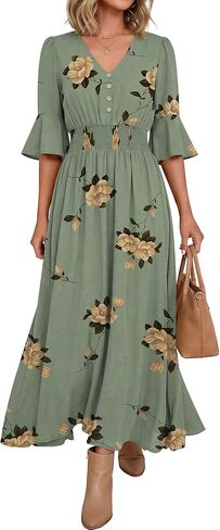 ANRABESS Womens Maxi Dress 2026 Summer Boho Ruffle Sleeve V Neck A Line Elastic Waist Flowy Wedding Guest Party Long Dresses in Saudi Arabia