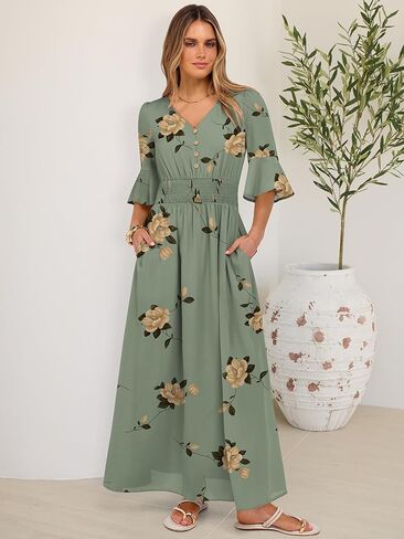 ANRABESS Womens Maxi Dress 2026 Summer Boho Ruffle Sleeve V Neck A Line Elastic Waist Flowy Wedding Guest Party Long Dresses in Saudi Arabia