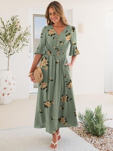 ANRABESS Womens Maxi Dress 2026 Summer Boho Ruffle Sleeve V Neck A Line Elastic Waist Flowy Wedding Guest Party Long Dresses in Saudi Arabia