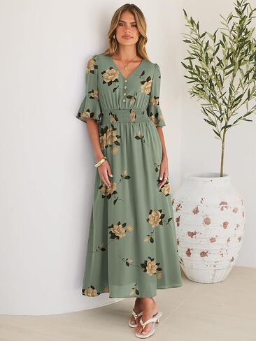 ANRABESS Womens Maxi Dress 2026 Summer Boho Ruffle Sleeve V Neck A Line Elastic Waist Flowy Wedding Guest Party Long Dresses in Saudi Arabia