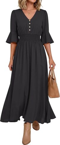 ANRABESS Womens Maxi Dress 2026 Summer Boho Ruffle Sleeve V Neck A Line Elastic Waist Flowy Wedding Guest Party Long Dresses in Saudi Arabia