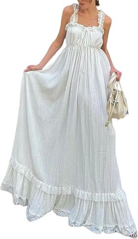 NUFIWI Women White Tiered Cami Long Dress Lace Trim Ruffle Flowy Maxi Dress Sleeveless Swing High Waist Aline Sundress in Saudi Arabia
