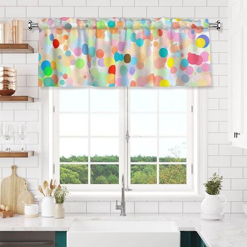 Short Rod Pocket Curtain Valance,Bright and Colorful Dots Window Treatment Decor Curtains for Kitchen Living Room, Bedroom, 1 Panel, 54" W x 18" L in Saudi Arabia