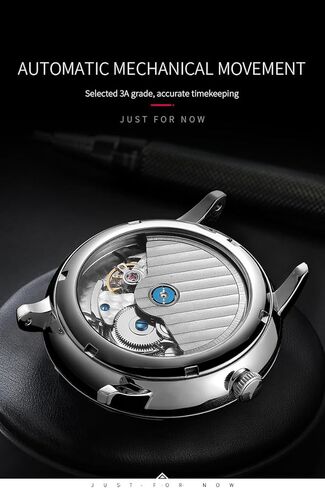 FEICE Men's Automatic Watch Mechanical Watch Stainless Steel Leather Band Watches Analog Curved Mirror Brushed Finish Casual Dress Watches for Men #FM212 (White) in Kuwait