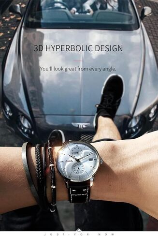 FEICE Men's Automatic Watch Mechanical Watch Stainless Steel Leather Band Watches Analog Curved Mirror Brushed Finish Casual Dress Watches for Men #FM212 (White) in Kuwait