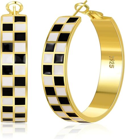 Senteria متقلب الفضة هوب الأقراط للنساء هيبوالرجينيك 925 الفضة الاسترليني هوب الأقراط خفيفة الوزن مكتنزة الأطواق القرط الأسود الأبيض المينا متقلب القرط للنساء 25/30/40/50MM in Kuwait