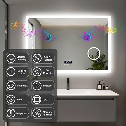 LUVODI Bathroom Mirror LED Lighted: 40x24 inch Rectangle Makeup Vanity with Bluetooth Speaker, Time Display, Magnifier, Anti-Fog, Memory Function, 3 Color Temperature in Saudi Arabia