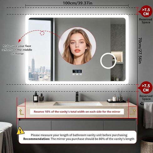 LUVODI Bathroom Mirror LED Lighted: 40x24 inch Rectangle Makeup Vanity with Bluetooth Speaker, Time Display, Magnifier, Anti-Fog, Memory Function, 3 Color Temperature in Saudi Arabia
