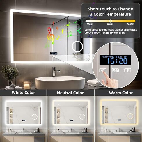 LUVODI Bathroom Mirror LED Lighted: 40x24 inch Rectangle Makeup Vanity with Bluetooth Speaker, Time Display, Magnifier, Anti-Fog, Memory Function, 3 Color Temperature in Saudi Arabia