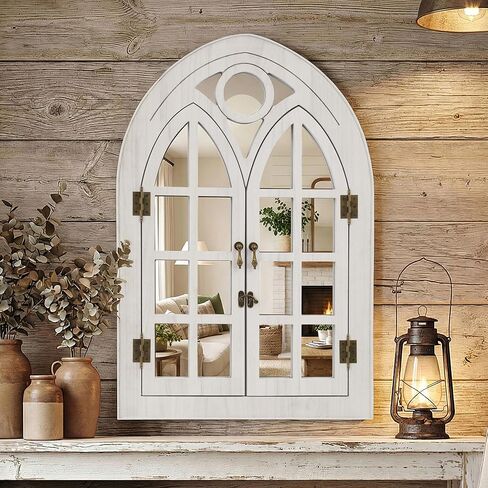مرآة نافذة مقوسة لديكور الحائط - ديكور حائط من خشب بولونيا مفتوح ومغلق، مرآة زخرفية لغرفة المعيشة، المدخل، مرآة حائط مقوسة ريفية (20 بوصة × 30 بوصة، أبيض، عبوة واحدة) in Kuwait