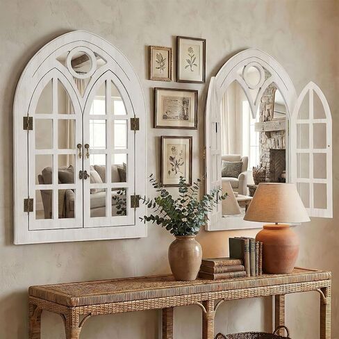 مرآة نافذة مقوسة لديكور الحائط - ديكور حائط من خشب بولونيا مفتوح ومغلق، مرآة زخرفية لغرفة المعيشة، المدخل، مرآة حائط مقوسة ريفية (20 بوصة × 30 بوصة، أبيض، عبوة واحدة) in Kuwait
