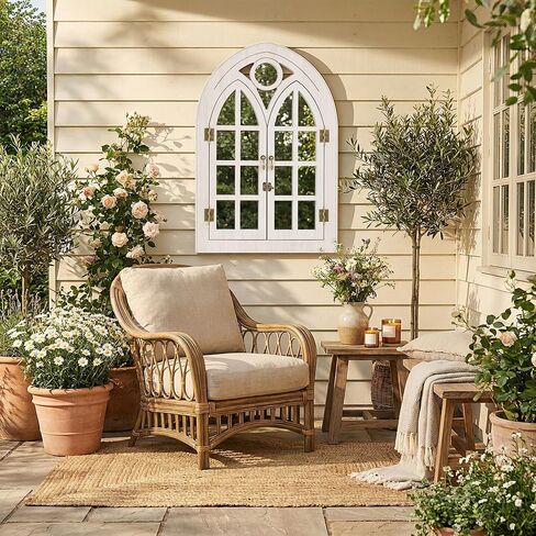 مرآة نافذة مقوسة لديكور الحائط - ديكور حائط من خشب بولونيا مفتوح ومغلق، مرآة زخرفية لغرفة المعيشة، المدخل، مرآة حائط مقوسة ريفية (20 بوصة × 30 بوصة، أبيض، عبوة واحدة) in Kuwait