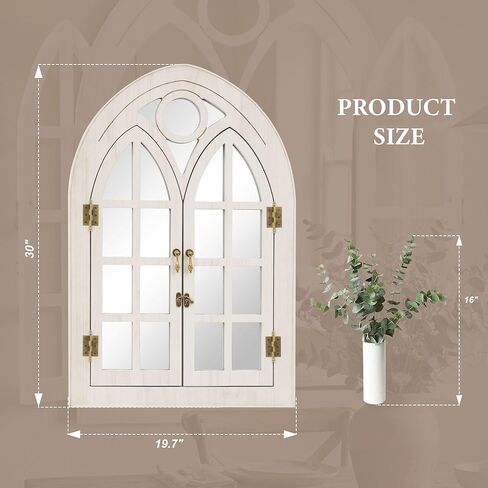 مرآة نافذة مقوسة لديكور الحائط - ديكور حائط من خشب بولونيا مفتوح ومغلق، مرآة زخرفية لغرفة المعيشة، المدخل، مرآة حائط مقوسة ريفية (20 بوصة × 30 بوصة، أبيض، عبوة واحدة) in Kuwait