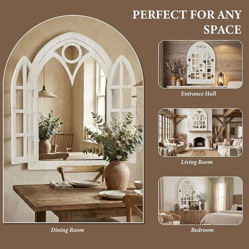 مرآة نافذة مقوسة لديكور الحائط - ديكور حائط من خشب بولونيا مفتوح ومغلق، مرآة زخرفية لغرفة المعيشة، المدخل، مرآة حائط مقوسة ريفية (20 بوصة × 30 بوصة، أبيض، عبوة واحدة) in Kuwait