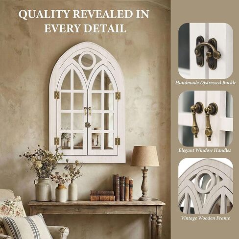 مرآة نافذة مقوسة لديكور الحائط - ديكور حائط من خشب بولونيا مفتوح ومغلق، مرآة زخرفية لغرفة المعيشة، المدخل، مرآة حائط مقوسة ريفية (20 بوصة × 30 بوصة، أبيض، عبوة واحدة) in Kuwait