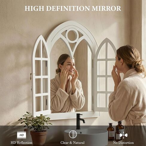 مرآة نافذة مقوسة لديكور الحائط - ديكور حائط من خشب بولونيا مفتوح ومغلق، مرآة زخرفية لغرفة المعيشة، المدخل، مرآة حائط مقوسة ريفية (20 بوصة × 30 بوصة، أبيض، عبوة واحدة) in Kuwait