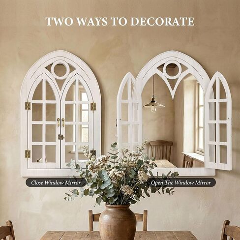 مرآة نافذة مقوسة لديكور الحائط - ديكور حائط من خشب بولونيا مفتوح ومغلق، مرآة زخرفية لغرفة المعيشة، المدخل، مرآة حائط مقوسة ريفية (20 بوصة × 30 بوصة، أبيض، عبوة واحدة) in Kuwait