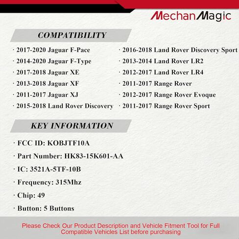 استبدال MechanMagic Smart Key Fob يناسب Land Rover Range Rover Discovery Evoque Jaguar F-Pace F-Type XE XF XJ 2011-2019 KOBJTF10A للتحكم عن بعد للدخول بدون مفتاح مع in Kuwait