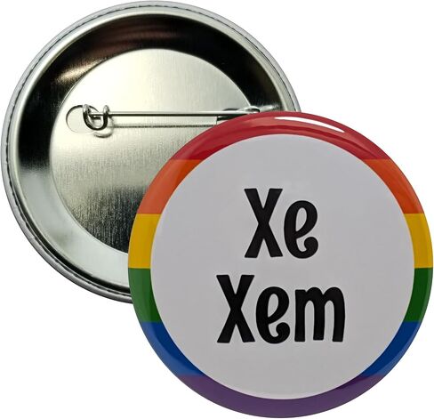 Neopronoun pin: Xe Xem - highly visible pinback button with rainbow border - single large 2.25 inch button in Kuwait