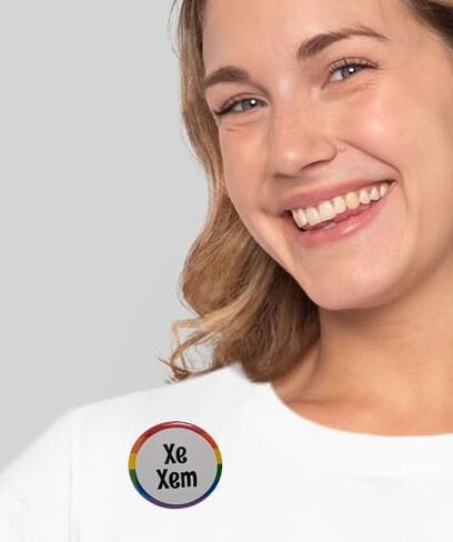 Neopronoun pin: Xe Xem - highly visible pinback button with rainbow border - single large 2.25 inch button in Kuwait