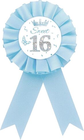 Sweet 16 Tinplate Badge Pin, Blue Rosette 16th Birthday Button Pin, Blue Crown Sweet Sixteen Award Ribbon Brooch for Birthday Party Supplies in Saudi Arabia
