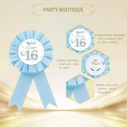 Sweet 16 Tinplate Badge Pin, Blue Rosette 16th Birthday Button Pin, Blue Crown Sweet Sixteen Award Ribbon Brooch for Birthday Party Supplies in Saudi Arabia