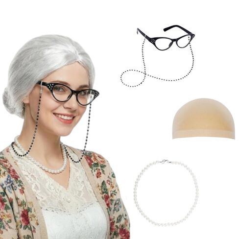 5 Pieces Old Lady Costume Set Granny Costume Wig Set with Wig Glasses Chain Glasses Pearl Necklace for Halloween Cosplay Party in Kuwait