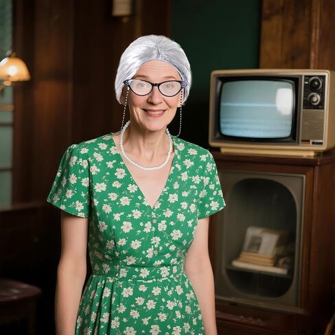 5 Pieces Old Lady Costume Set Granny Costume Wig Set with Wig Glasses Chain Glasses Pearl Necklace for Halloween Cosplay Party in Kuwait