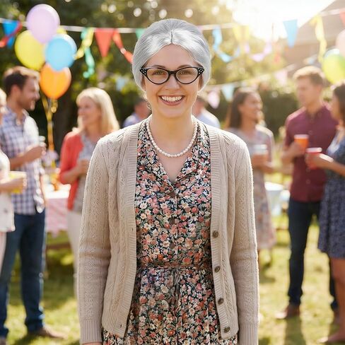 5 Pieces Old Lady Costume Set Granny Costume Wig Set with Wig Glasses Chain Glasses Pearl Necklace for Halloween Cosplay Party in Kuwait