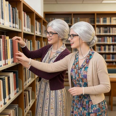 5 Pieces Old Lady Costume Set Granny Costume Wig Set with Wig Glasses Chain Glasses Pearl Necklace for Halloween Cosplay Party in Kuwait