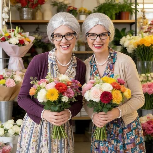 5 Pieces Old Lady Costume Set Granny Costume Wig Set with Wig Glasses Chain Glasses Pearl Necklace for Halloween Cosplay Party in Kuwait