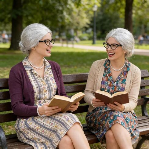 5 Pieces Old Lady Costume Set Granny Costume Wig Set with Wig Glasses Chain Glasses Pearl Necklace for Halloween Cosplay Party in Kuwait