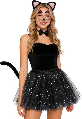 مجموعة زي القطة السوداء من Dolkoic، عصابة رأس على شكل آذان القطط، مطرزة بالترتر للنساء، أسبوع الكتاب، الهالوين التنكرية in Kuwait