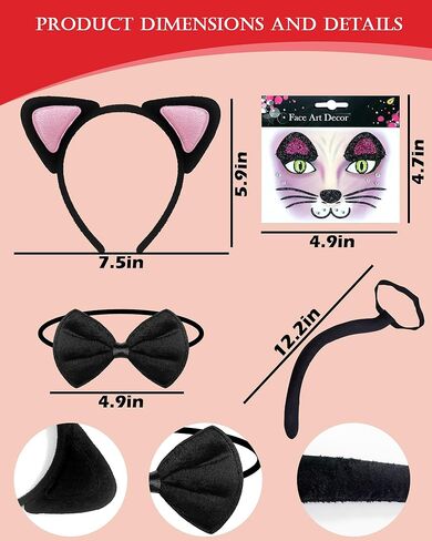 مجموعة زي القطة السوداء من Dolkoic، عصابة رأس على شكل آذان القطط، مطرزة بالترتر للنساء، أسبوع الكتاب، الهالوين التنكرية in Kuwait