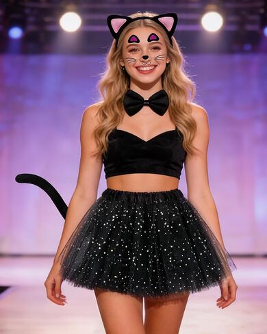 مجموعة زي القطة السوداء من Dolkoic، عصابة رأس على شكل آذان القطط، مطرزة بالترتر للنساء، أسبوع الكتاب، الهالوين التنكرية in Kuwait