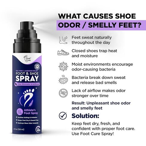 بخاخ مزيل لرائحة الأحذية من فوت كيور - شجرة الشاي | مزيل الروائح الكريهة للأحذية اللافندر للأقدام ذات الرائحة الكريهة، مزيل رائحة القدم للرياضيين والتحكم في العرق | يزيل الروائح ويتحكم فيها ويمنعها - 120 مل صنع في الولايات المتحدة الأمريكية in Kuwait