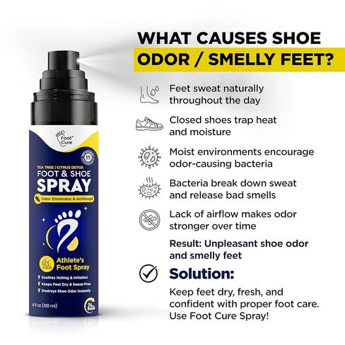 بخاخ مزيل الروائح الكريهة للأحذية من فوت كيور - مزيل الروائح الكريهة للأحذية من شجرة الشاي والحمضيات للأقدام ذات الرائحة الكريهة، مزيل رائحة القدم للرياضيين والتحكم في العرق | يزيل الروائح ويتحكم فيها ويمنعها - 120 مل صنع في الولايات المتحدة الأمريكية in Kuwait