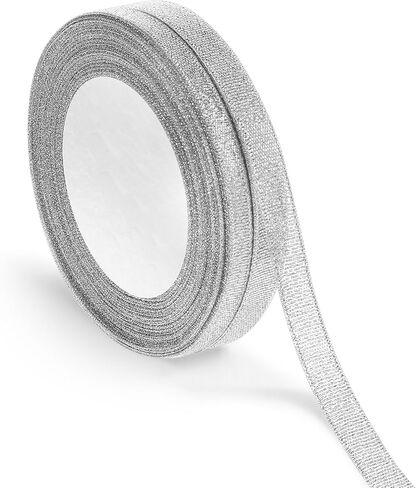 3/8 Inch Gold Ribbon Thin 50yard (2rolls) Sparkly Metallic Fabric Ribbons Silver Organza Shimmer Sheer Ribbon for Gifts Party DIY Wrapping Wedding Decoration and Crafts in Saudi Arabia