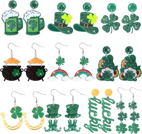 10 Pairs St. Patrick's Day Earrings for Women - Four Leaf Clover Shamrock Drop Earrings, Sparkly Glitter Green Acrylic Lucky Hat Lightweight Cute Irish St Patricks Day Accessories Gift Set in Saudi Arabia