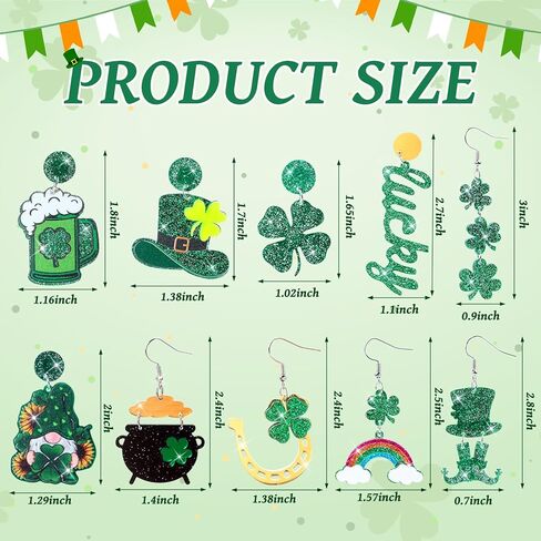 10 Pairs St. Patrick's Day Earrings for Women - Four Leaf Clover Shamrock Drop Earrings, Sparkly Glitter Green Acrylic Lucky Hat Lightweight Cute Irish St Patricks Day Accessories Gift Set in Saudi Arabia