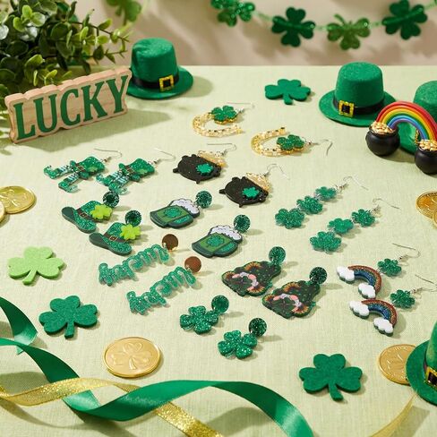 10 Pairs St. Patrick's Day Earrings for Women - Four Leaf Clover Shamrock Drop Earrings, Sparkly Glitter Green Acrylic Lucky Hat Lightweight Cute Irish St Patricks Day Accessories Gift Set in Saudi Arabia