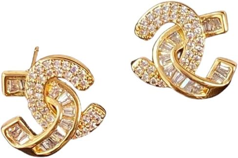 Golden Crystal Interlocking Stud Earrings, Cubic Zirconia, Hypoallergenic Alloy, Small Size, Trendy Design, Front and Back Style, Luxury Gift Jewelry for Women in Saudi Arabia
