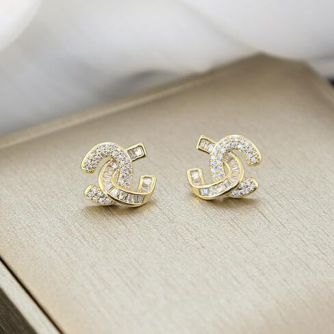 Golden Crystal Interlocking Stud Earrings, Cubic Zirconia, Hypoallergenic Alloy, Small Size, Trendy Design, Front and Back Style, Luxury Gift Jewelry for Women in Saudi Arabia