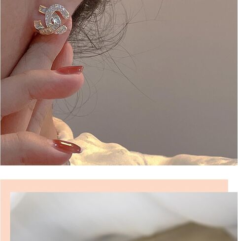 Golden Crystal Interlocking Stud Earrings, Cubic Zirconia, Hypoallergenic Alloy, Small Size, Trendy Design, Front and Back Style, Luxury Gift Jewelry for Women in Saudi Arabia