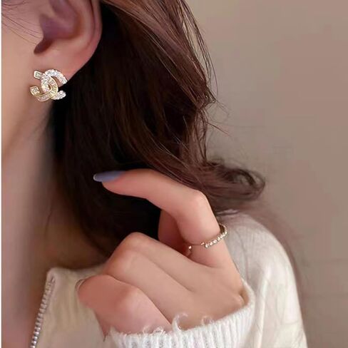 Golden Crystal Interlocking Stud Earrings, Cubic Zirconia, Hypoallergenic Alloy, Small Size, Trendy Design, Front and Back Style, Luxury Gift Jewelry for Women in Saudi Arabia